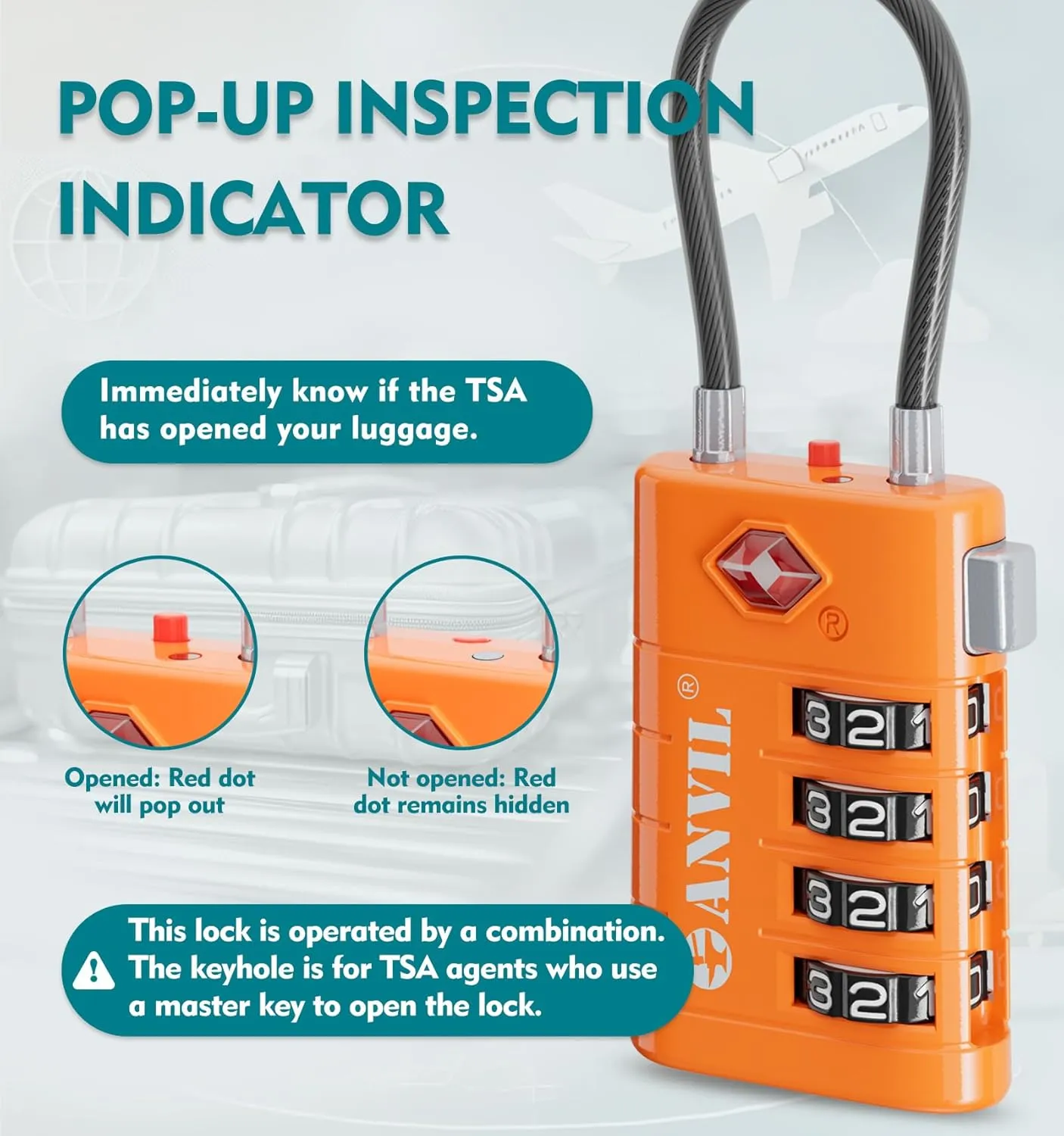 ANVIL 4 Digit Luggage Locks, TSA Locks for Luggage, Advanced TSA008 core, Alert Indicator for Your Travel Lock, Suitcase Lock. (2, Orange)