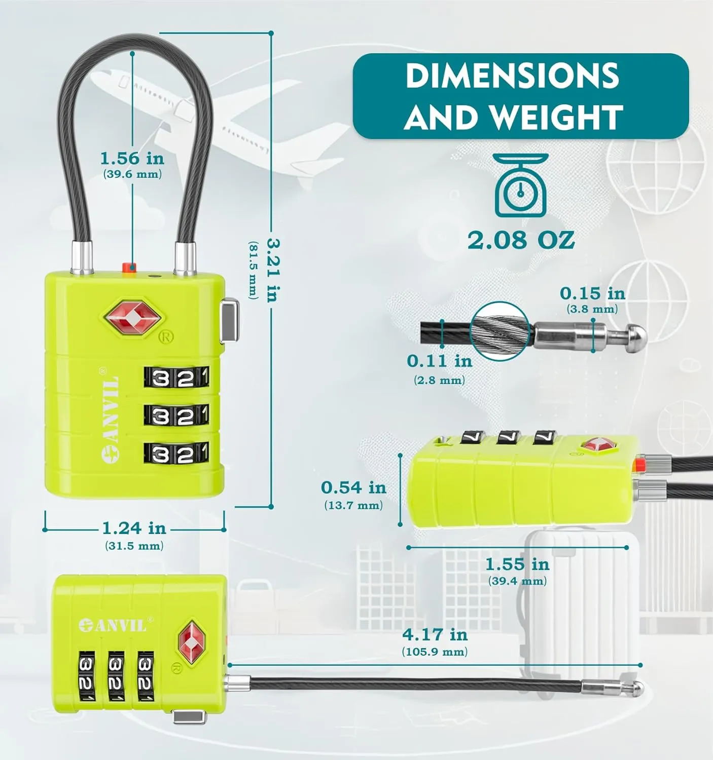 ANVIL Luggage Locks, TSA Approved with Alert Indicator. Great Suitcase, Backpack and Travel Lock. (2, Grass Green)
