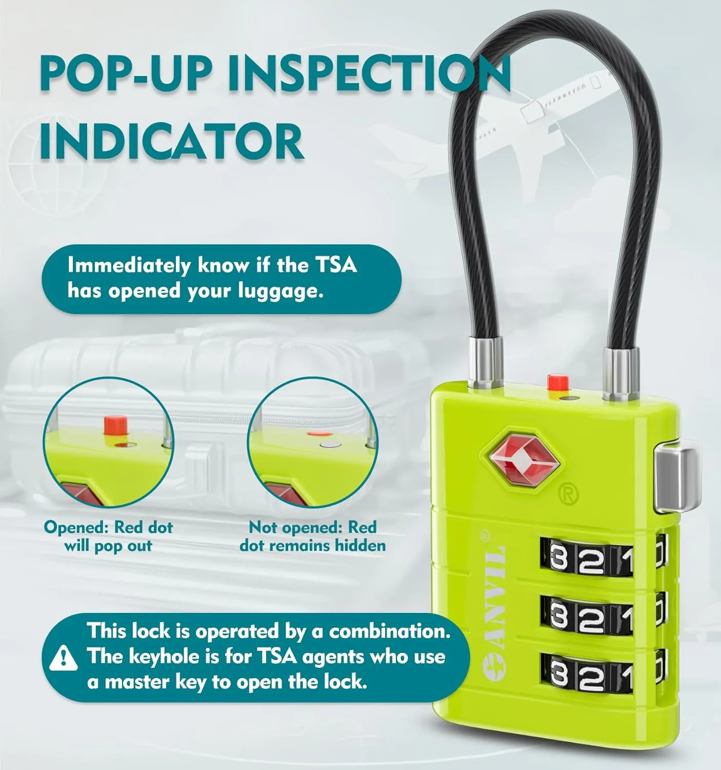 ANVIL Luggage Locks, TSA Approved with Alert Indicator. Great Suitcase, Backpack and Travel Lock. (2, Grass Green)