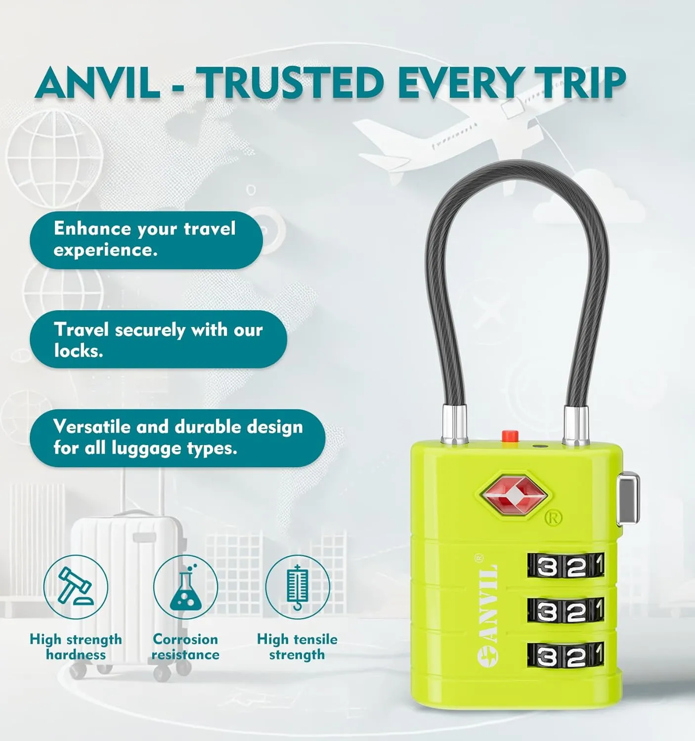ANVIL Luggage Locks, TSA Approved with Alert Indicator. Great Suitcase, Backpack and Travel Lock. (2, Grass Green)