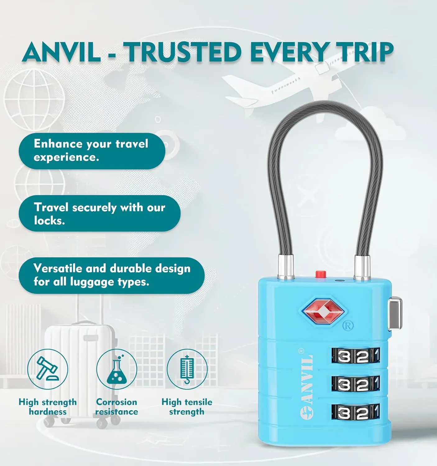 ANVIL Luggage Locks, TSA Approved with Alert Indicator. Great Suitcase, Backpack, Gym and Travel Lock. (2, Blue)