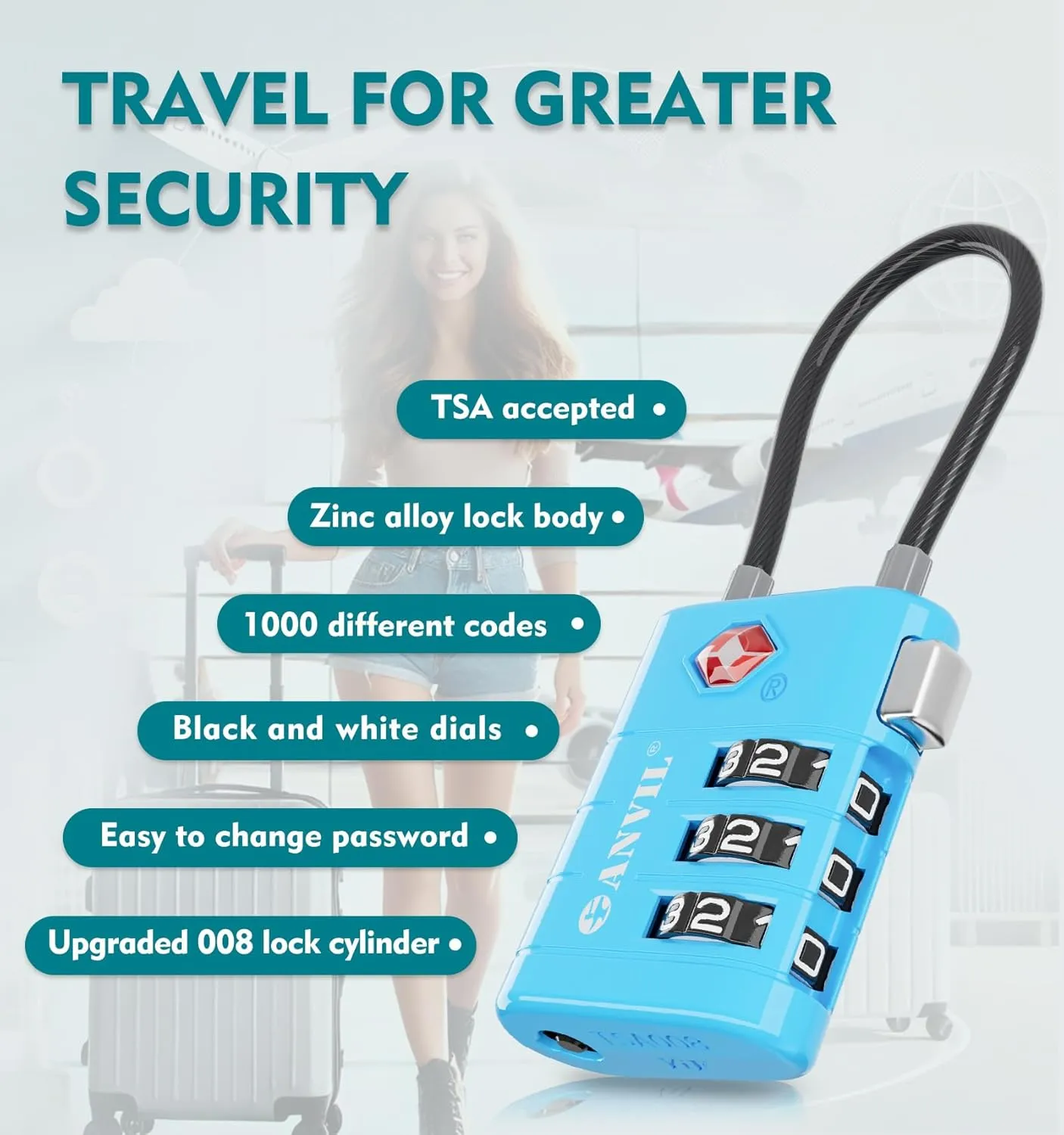 ANVIL Luggage Locks, TSA Approved with Alert Indicator. Great Suitcase, Backpack, Gym and Travel Lock. (2, Blue)