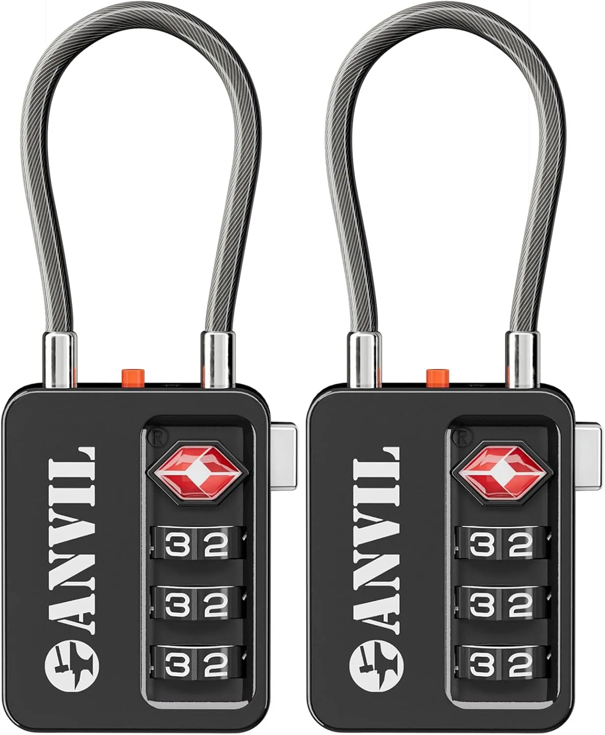 ANVIL TSA Locks for Luggage with Search Alert: Durable Cable Combination Locks, TSA Approved - Secure Travel Locks for Suitcases, Backpacks & Gun Cases (2, Black)