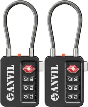 ANVIL TSA Locks for Luggage with Search Alert: Durable Cable Combination Locks, TSA Approved - Secure Travel Locks for Suitcases, Backpacks & Gun Cases (2, Black)