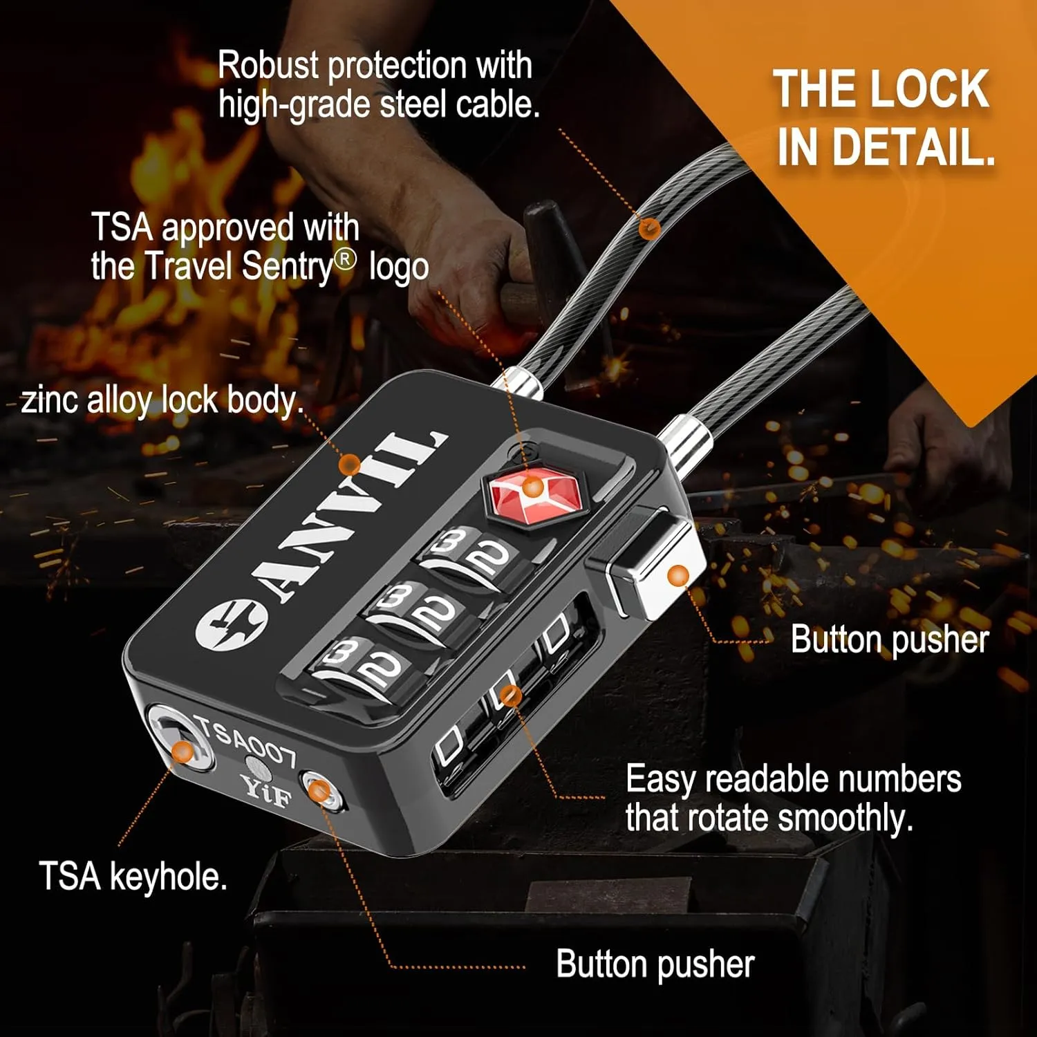 ANVIL TSA Locks for Luggage with Search Alert: Durable Cable Combination Locks, TSA Approved - Secure Travel Locks for Suitcases, Backpacks & Gun Cases (2, Black)