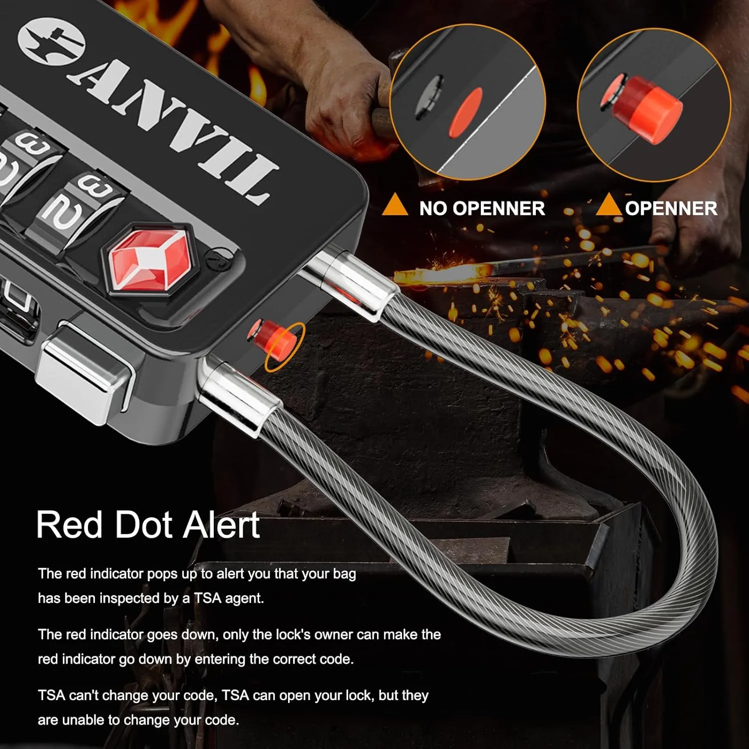 ANVIL TSA Locks for Luggage with Search Alert: Durable Cable Combination Locks, TSA Approved - Secure Travel Locks for Suitcases, Backpacks & Gun Cases (2, Black)