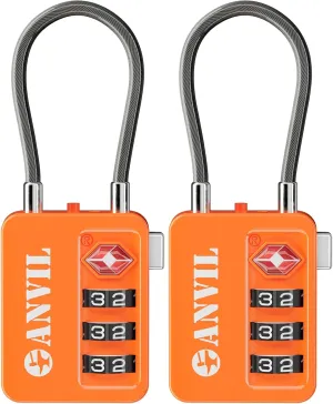 ANVIL TSA Locks for Luggage with Search Alert: Durable Cable Combination Locks, TSA Approved - Secure Travel Locks for Suitcases, Backpacks & Gun Cases (2, Orange)