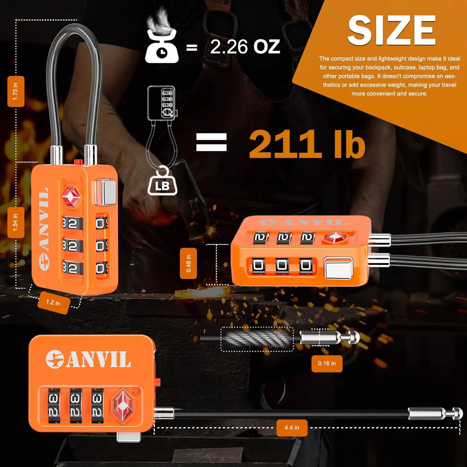 ANVIL TSA Locks for Luggage with Search Alert: Durable Cable Combination Locks, TSA Approved - Secure Travel Locks for Suitcases, Backpacks & Gun Cases (2, Orange)