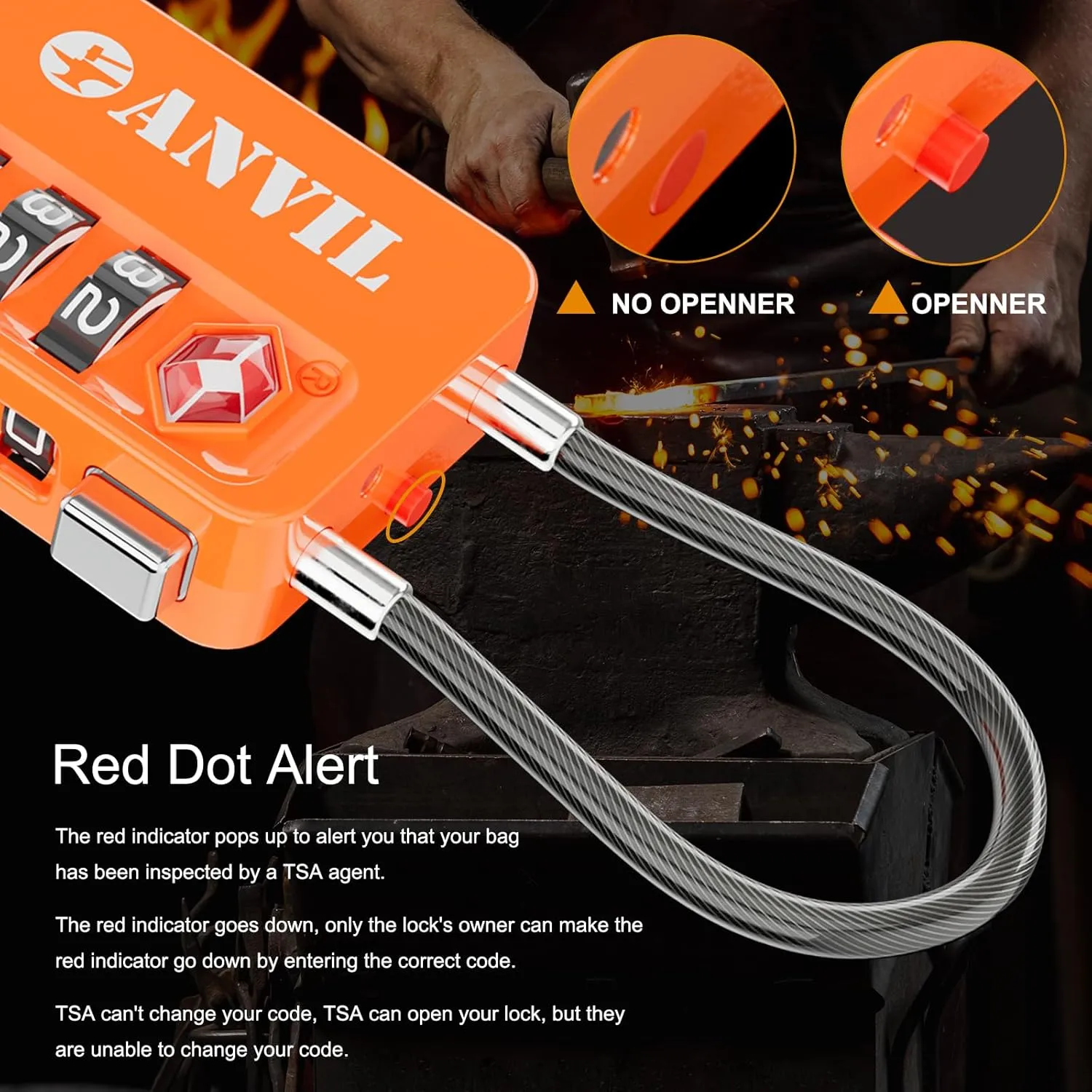ANVIL TSA Locks for Luggage with Search Alert: Durable Cable Combination Locks, TSA Approved - Secure Travel Locks for Suitcases, Backpacks & Gun Cases (2, Orange)