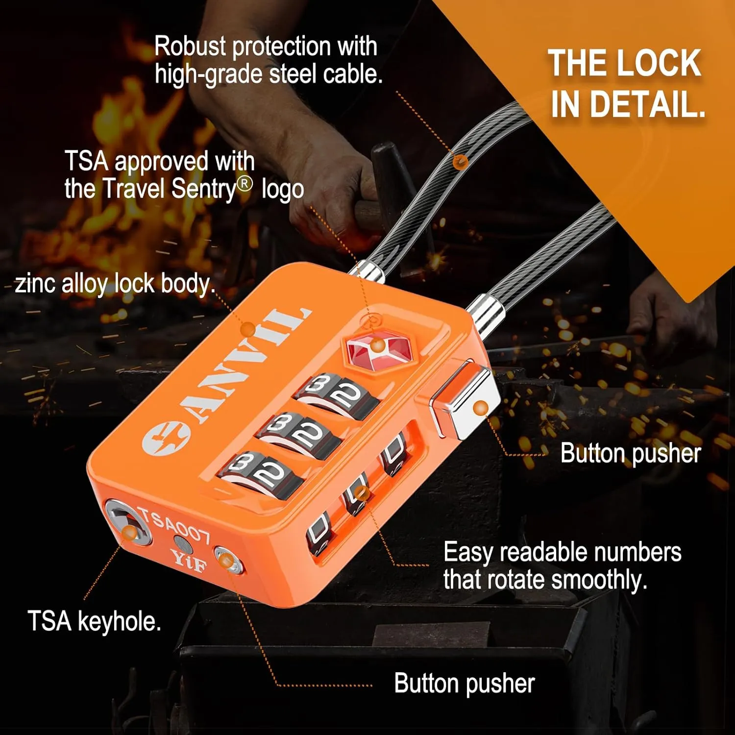 ANVIL TSA Locks for Luggage with Search Alert: Durable Cable Combination Locks, TSA Approved - Secure Travel Locks for Suitcases, Backpacks & Gun Cases (2, Orange)