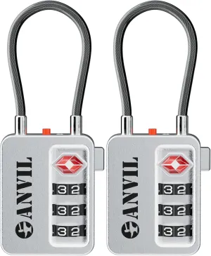 ANVIL TSA Locks for Luggage with Search Alert: Durable Cable Combination Locks, TSA Approved - Secure Travel Locks for Suitcases, Backpacks & Gun Cases.(2, Silver)