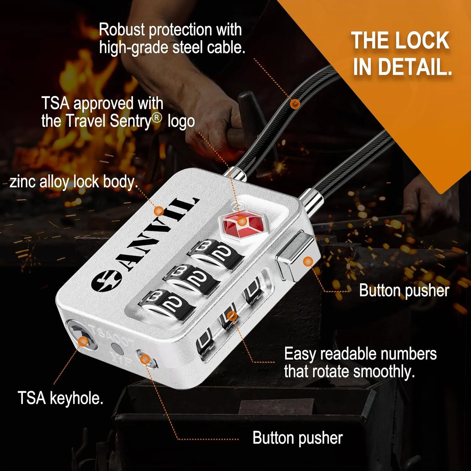 ANVIL TSA Locks for Luggage with Search Alert: Durable Cable Combination Locks, TSA Approved - Secure Travel Locks for Suitcases, Backpacks & Gun Cases.(2, Silver)
