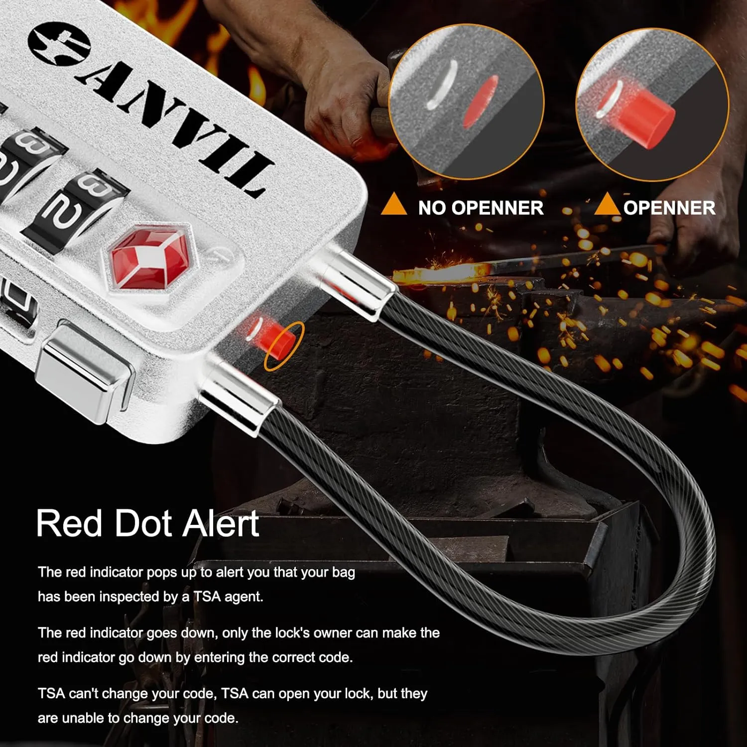 ANVIL TSA Locks for Luggage with Search Alert: Durable Cable Combination Locks, TSA Approved - Secure Travel Locks for Suitcases, Backpacks & Gun Cases.(2, Silver)