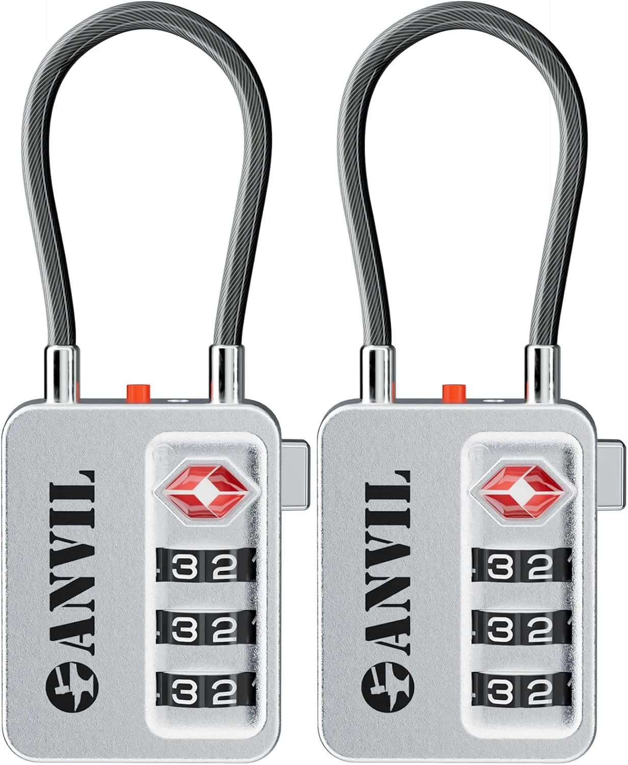 ANVIL TSA Locks for Luggage with Search Alert: Durable Cable Combination Locks, TSA Approved - Secure Travel Locks for Suitcases, Backpacks & Gun Cases.(2, Silver)