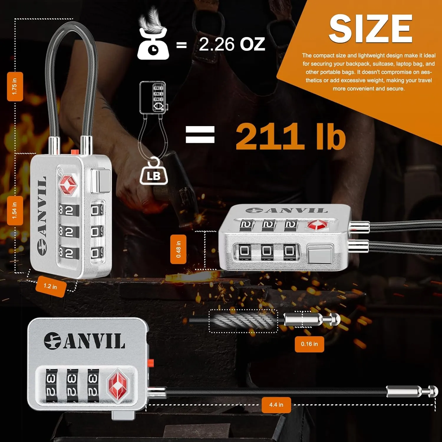 ANVIL TSA Locks for Luggage with Search Alert: Durable Cable Combination Locks, TSA Approved - Secure Travel Locks for Suitcases, Backpacks & Gun Cases.(2, Silver)