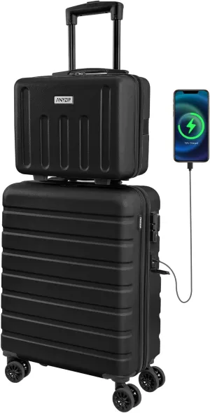 AnyZip 21" Carry On Luggage and 14" Mini Cosmetic Cases Luggage Set Hardside PC ABS Lightweight USB Suitcase with Wheels TSA for kids (2-Piece Set (14/21),Black)