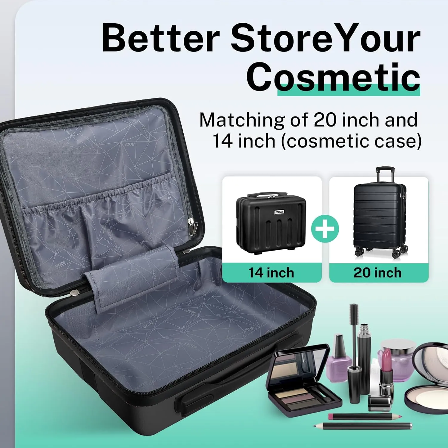 AnyZip Suitcase, 20" Carry On Luggage 14" Mini Cosmetic Cases Luggage Sets Hardside PC ABS Lightweight USB Suitcase with Wheels TSA for kids (2-Piece Set (14/20),Black)