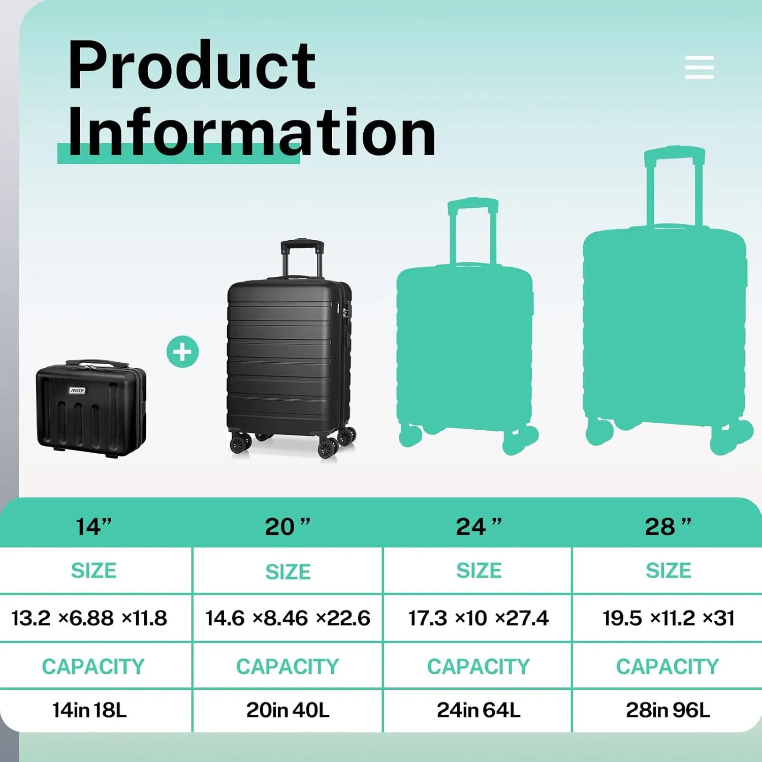 AnyZip Suitcase, 20" Carry On Luggage 14" Mini Cosmetic Cases Luggage Sets Hardside PC ABS Lightweight USB Suitcase with Wheels TSA for kids (2-Piece Set (14/20),Black)