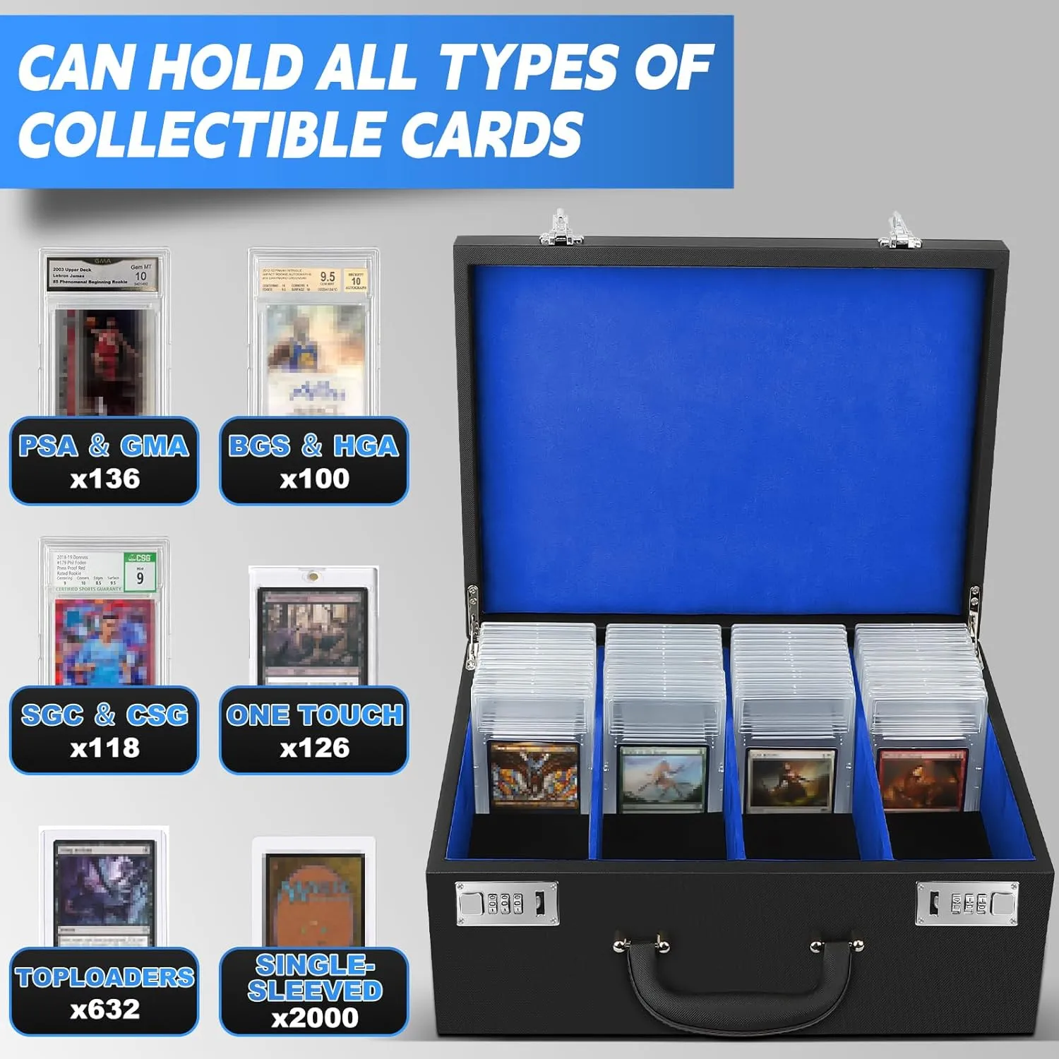 AOBOPLE Graded Card Storage Box,Holds 136  PSA/GMA Slab or 632  Toploaders,4 Row PSA Slab Case for Graded Cards Fits 3"x4" 35pt Cards,Compatible with BGS/HGA/SGC/CSG Slab Cases