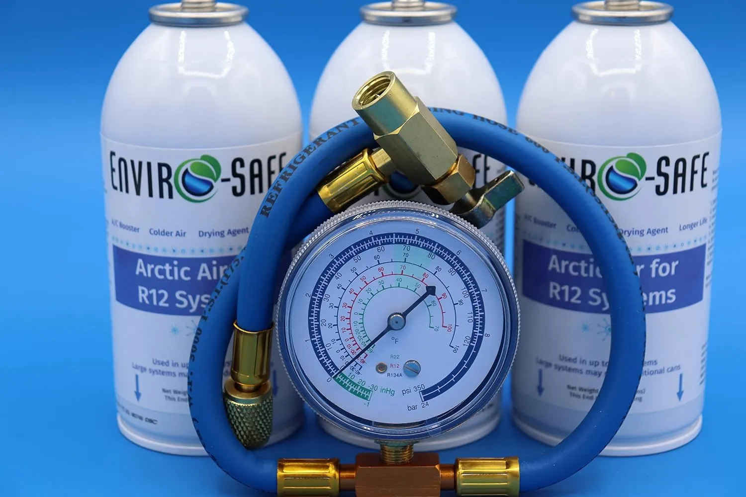Arctic Air for R12, 3 cans and a Brass Charging Gauge