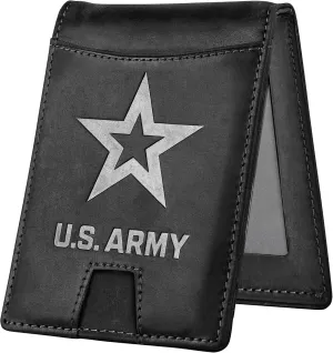 Army Black Crazy Horse Leather Bi-Fold Card Holder with Money Clip - Black Army Wallet
