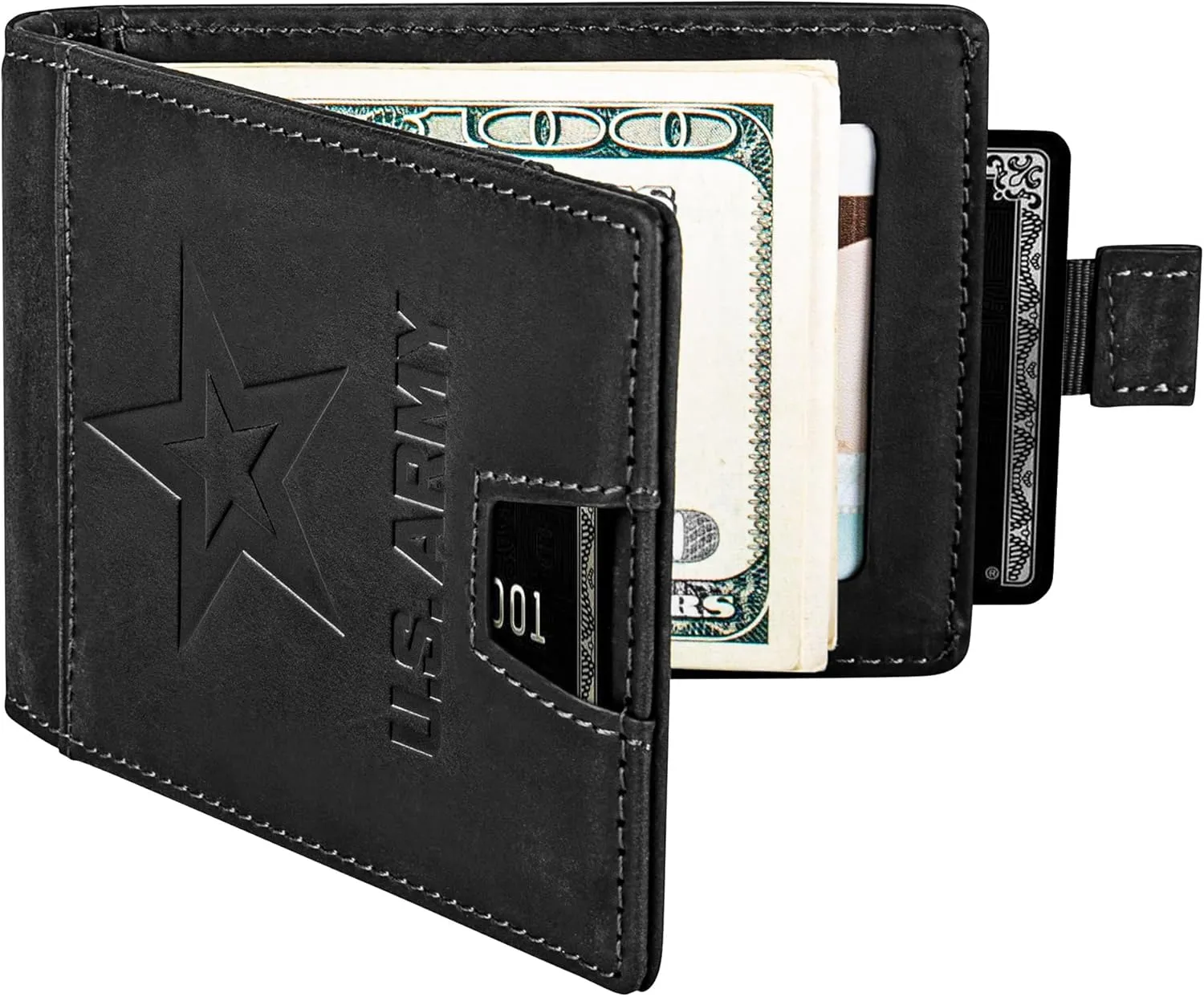 Army Black Crazy Horse Leather Bi-Fold Card Holder with Money Clip - Black Army Wallet