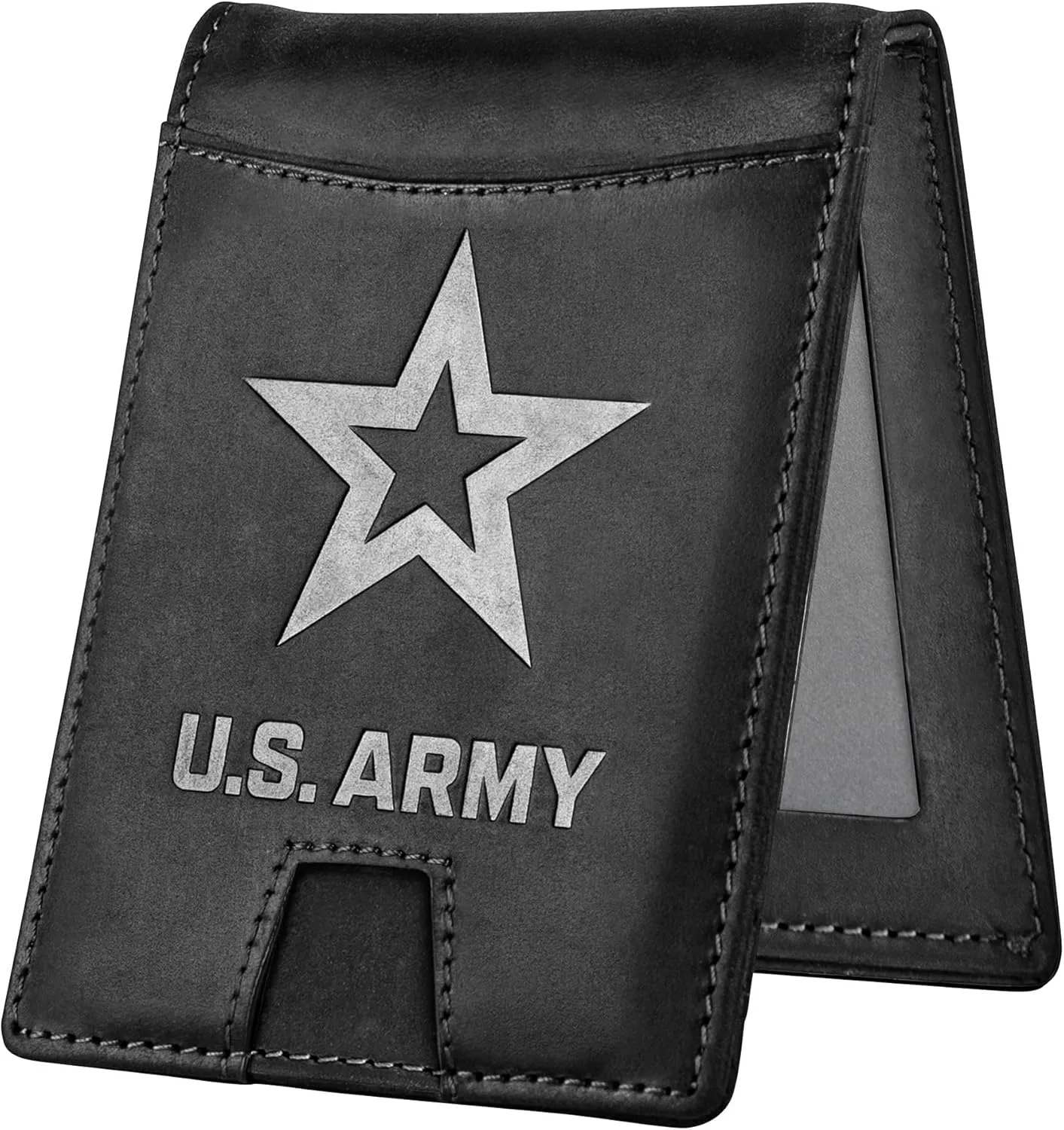 Army Black Crazy Horse Leather Bi-Fold Card Holder with Money Clip - Black Army Wallet