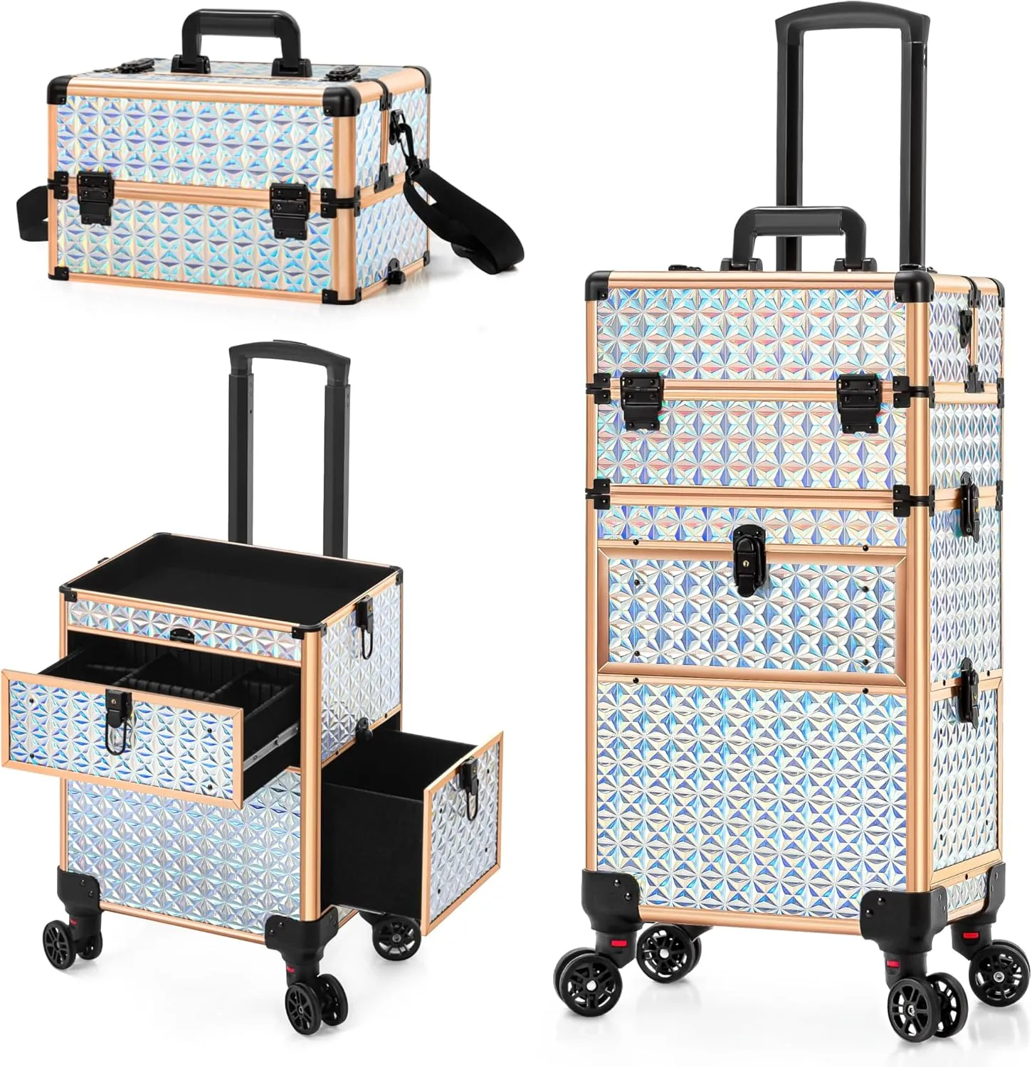 AROUS Rolling Makeup Train Case with Large Drawer, Multi-functional Cosmetic Trolley with 360° Swivel Wheels Keys, Large Storage Traveling Cart Trunk, Train Cases for Nail Technicians Hairstylist