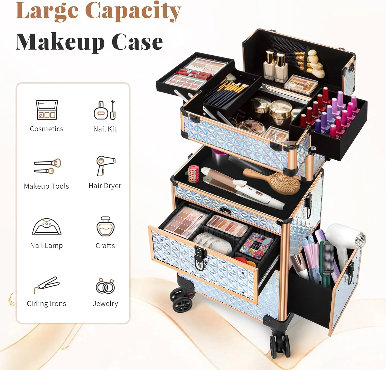 AROUS Rolling Makeup Train Case with Large Drawer, Multi-functional Cosmetic Trolley with 360° Swivel Wheels Keys, Large Storage Traveling Cart Trunk, Train Cases for Nail Technicians Hairstylist