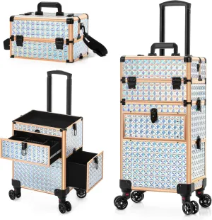 AROUS Rolling Makeup Train Case with Large Drawer, Multi-functional Cosmetic Trolley with 360° Swivel Wheels Keys, Large Storage Traveling Cart Trunk, Train Cases for Nail Technicians Hairstylist