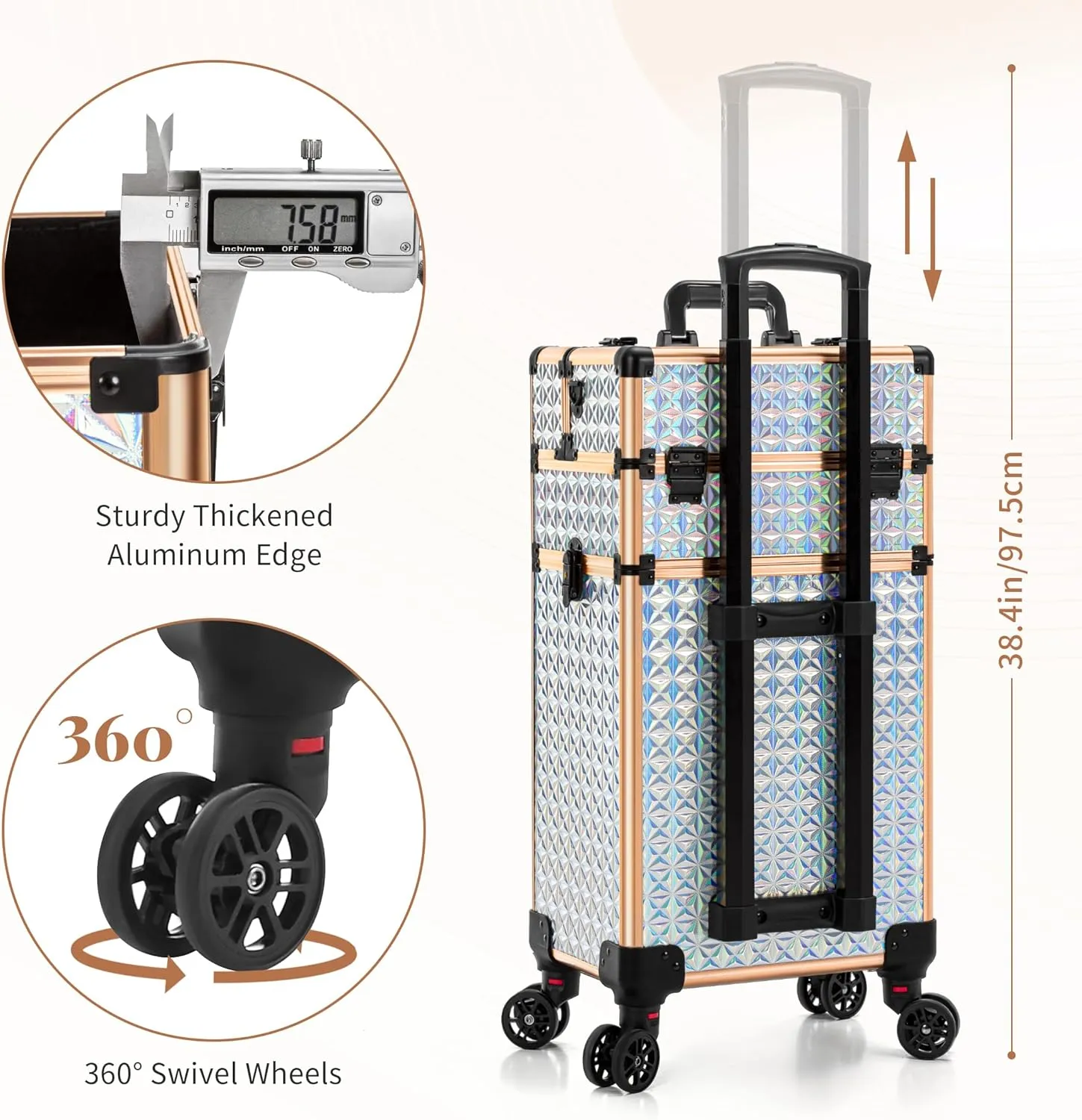 AROUS Rolling Makeup Train Case with Large Drawer, Multi-functional Cosmetic Trolley with 360° Swivel Wheels Keys, Large Storage Traveling Cart Trunk, Train Cases for Nail Technicians Hairstylist