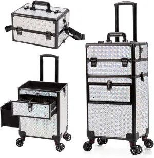 AROUS Rolling Makeup Train Case with Large Drawer, Multi-functional Cosmetic Trolley with 360° Swivel Wheels Keys, Large Storage Traveling Cart Trunk, Train Cases for Nail Technicians