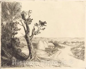Art Print : Alphonse Legros, Landscape with Haystacks (Le paysage aux meules), Historic Wall Décor : 10in x 08in