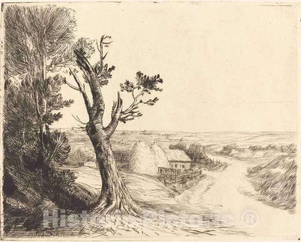 Art Print : Alphonse Legros, Landscape with Haystacks (Le paysage aux meules), Historic Wall Décor : 10in x 08in