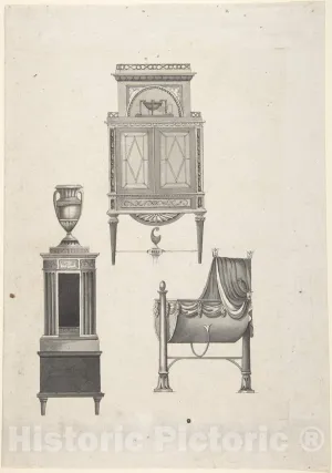 Art Print : Anonymous - Design for Furniture in a Variation on The Style of Thomas Sheraton, a Desk or Bookcase, a Plate-Warmer (?) Pedestal, and a Cradle : Vintage Wall Décor : 24in x 36in