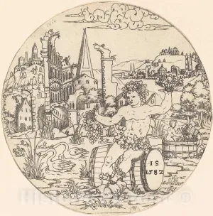 Art Print : Bacchus Seated in a Landscape, 1582, Historic Wall Décor : 12in x 12in