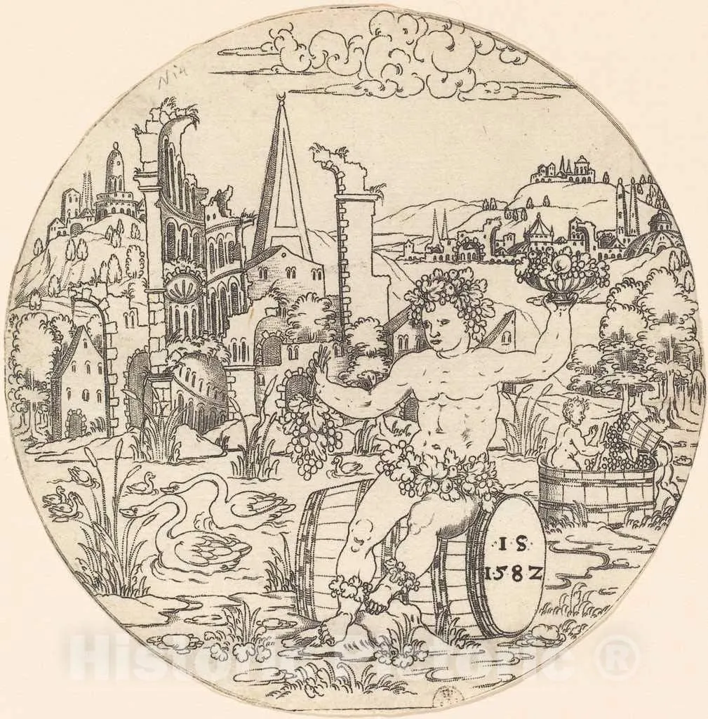 Art Print : Bacchus Seated in a Landscape, 1582, Historic Wall Décor : 12in x 12in