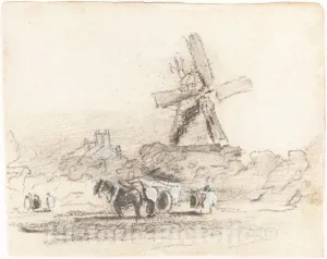 Art Print : David Cox, A Cart with Two Horses Near a Windmill, Historic Wall Décor : 24in x 18in