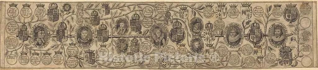 Art Print : Family Tree with Portraits of Henry VII, Henry VIII, Elizabeth, James, and Charles, Historic Wall Décor : 36in x 08in