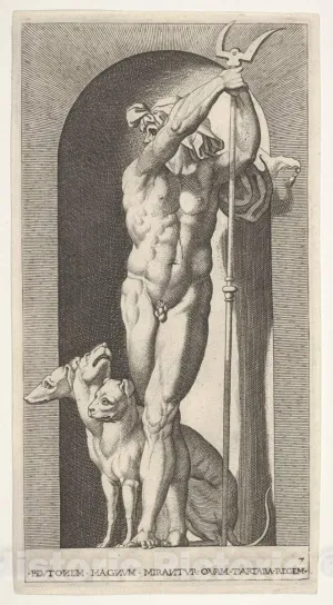 Art Print : Giovanni Jacopo Caraglio - Plate 7: Pluto in a Niche, Holding a Bident, with Cerberus Next to him, from a Series of Mythological Gods and Goddesses : Vintage Wall Décor : 20in x 36in