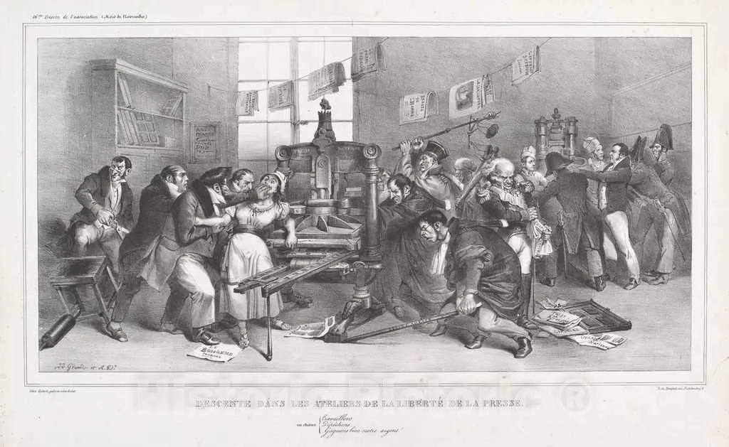 Art Print : Grandville, and Desperet, Descente Dans les Ateliers de la Liberté de la Presse, 1833, Historic Wall Décor : 44in x 30in