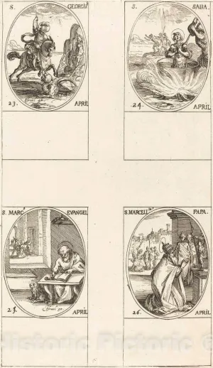 Art Print : Jacques Callot, St. George; St. Sabas; St. Mark, Evangelist; St. Marcellin, Historic Wall Décor : 14in x 24in