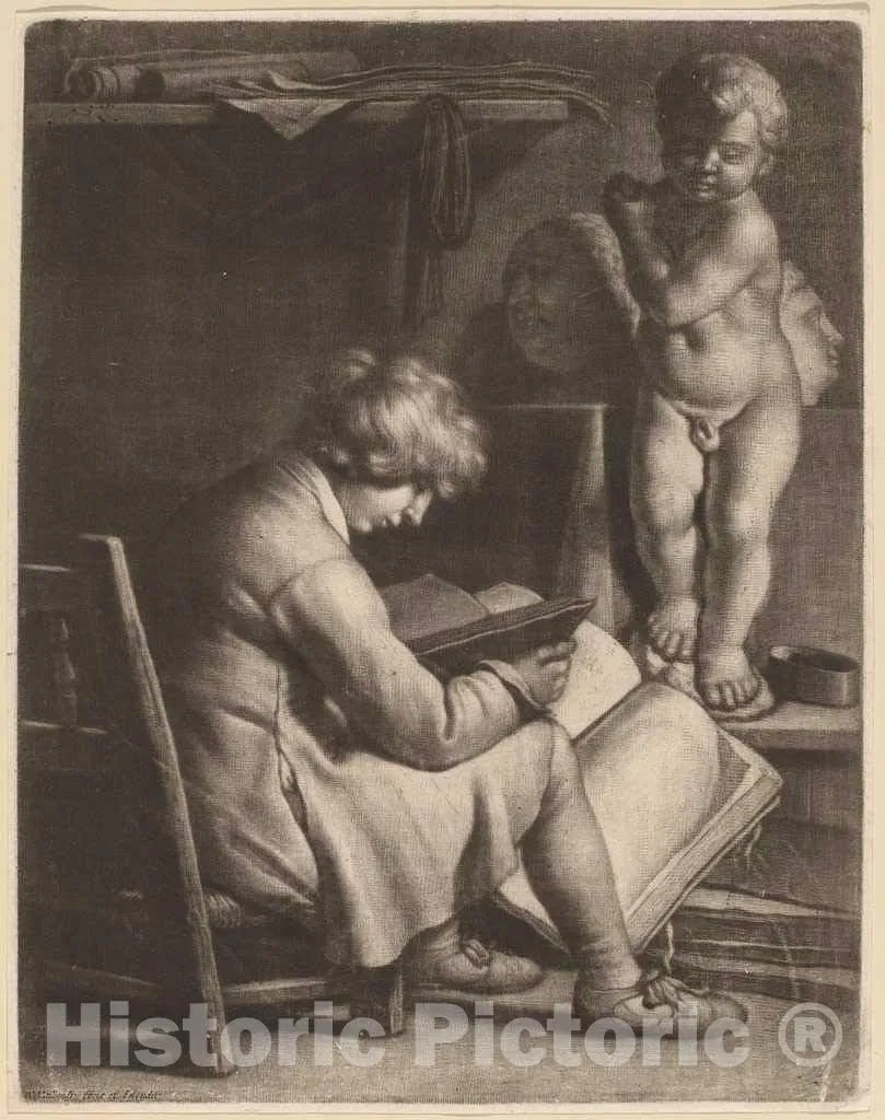 Art Print : Wallerant Vaillant, Young Man with a Statue of Cupid, Historic Wall Décor : 08in x 10in