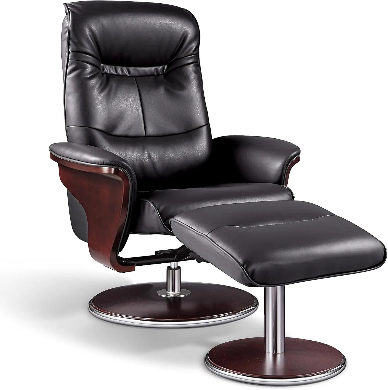 Artiva USA A05393BK Milano Modern Bend Wood Leather Swivel Recliner with Ottoman, Black
