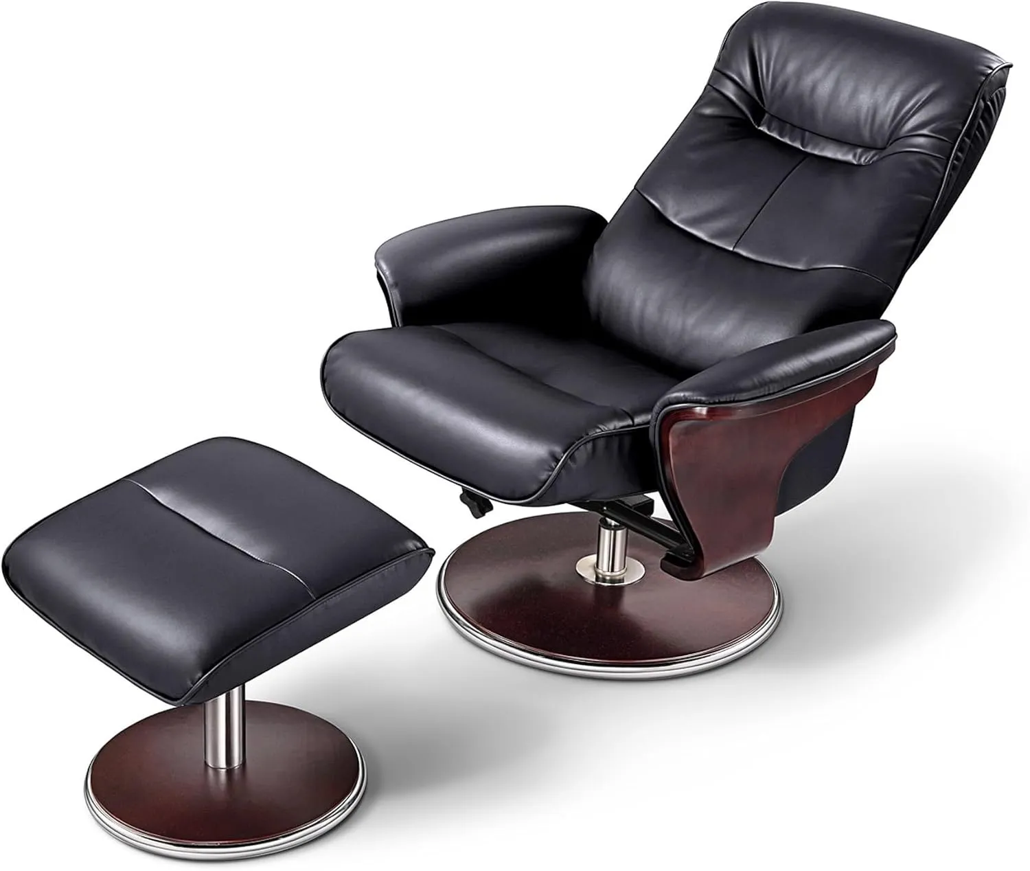 Artiva USA A05393BK Milano Modern Bend Wood Leather Swivel Recliner with Ottoman, Black