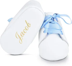 BabyShoe Personalized Baby Boy Christening Shoes – Baptism Leather Lace Up Shoes with Hand Embossed Name & Date – Special Occasion Newborn Church Shoes with Blue Ribbon