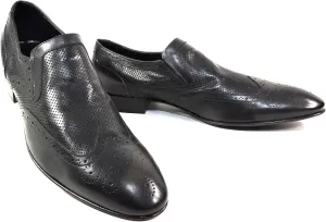 Baldinini Men's Black Leather Perforated Wingtip Slip-On Loafers, Italian Dress Shoes