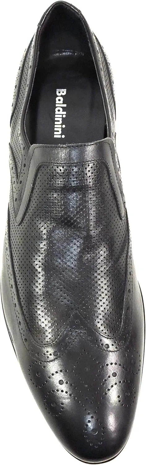 Baldinini Men's Black Leather Perforated Wingtip Slip-On Loafers, Italian Dress Shoes