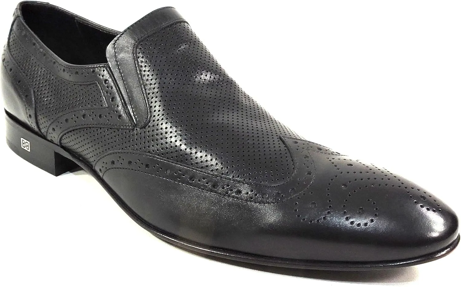 Baldinini Men's Black Leather Perforated Wingtip Slip-On Loafers, Italian Dress Shoes
