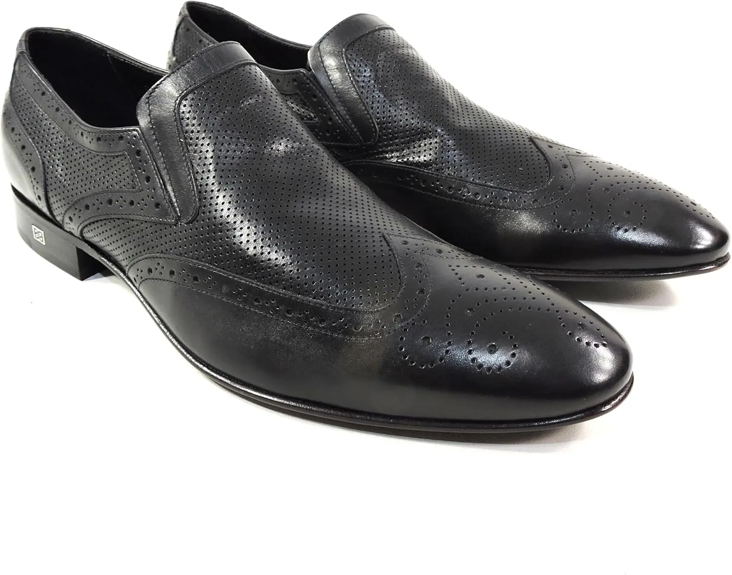 Baldinini Men's Black Leather Perforated Wingtip Slip-On Loafers, Italian Dress Shoes